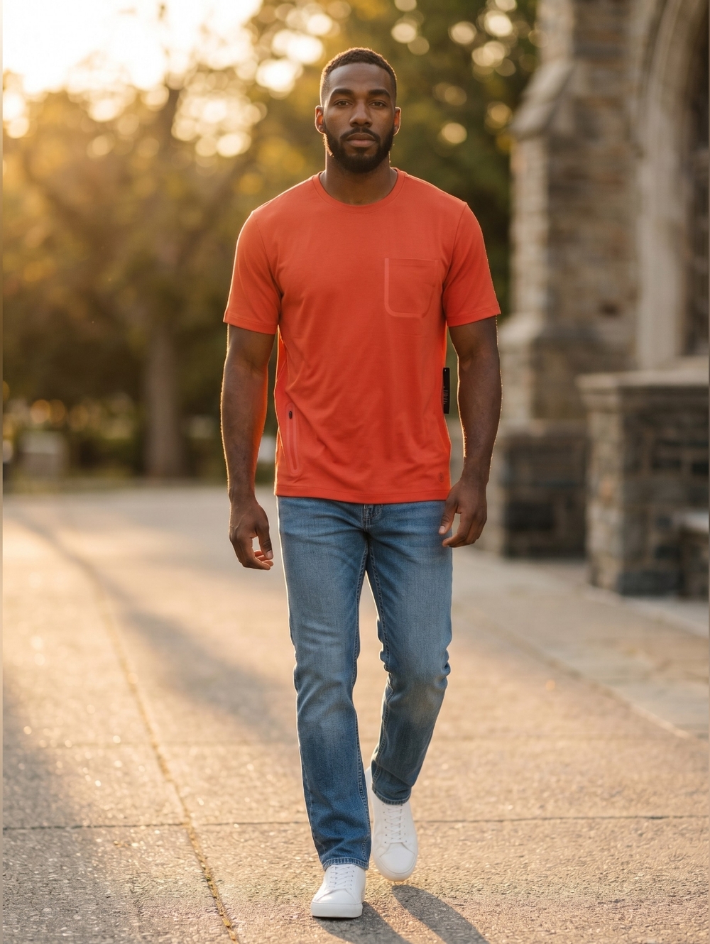 MPG Orange Short Sleeve Tee Athletic Sports Running Tee Shirt w/ Zip Pocket